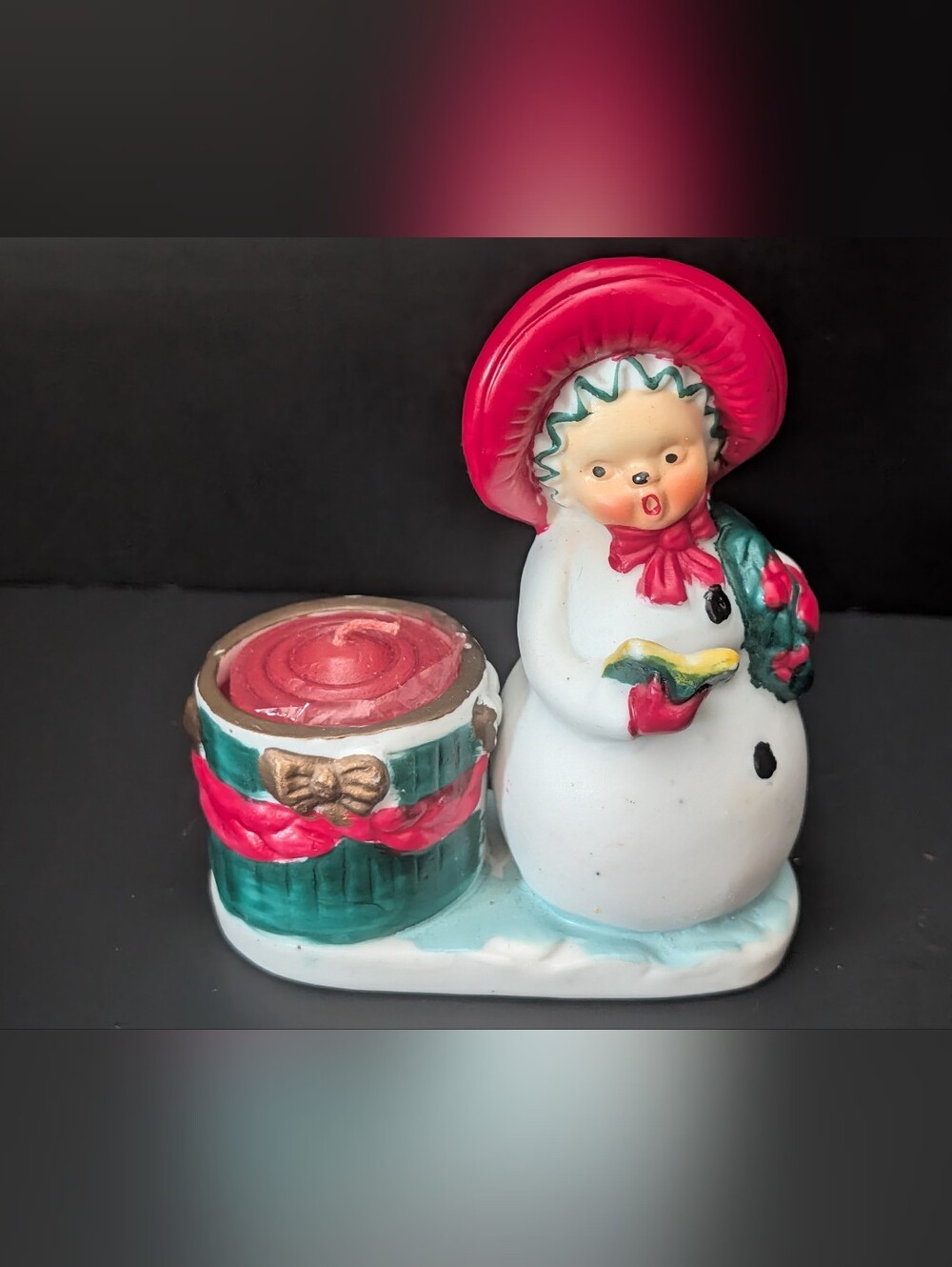 Vintage Porcelain Little Lumpkins Snowman Caroler Candle Holder 8-2026